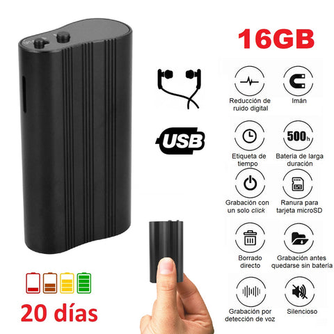 Mini Grabadora de Audio/Micrófono y Reproductor de Música c/Detección de Sonido, Imán y 16GB - 20 días