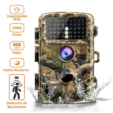 Cámara TRAMPA/EXTERIORES HD 1080p 20MP c/Detección de Movimiento, Visión Nocturna y Duración de 6 meses (Camuflada)