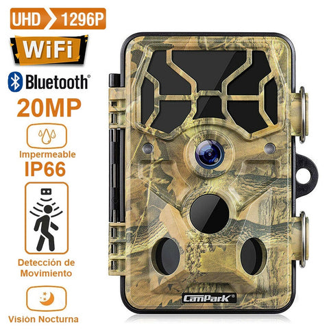 Cámara TRAMPA/EXTERIORES WiFi + BT HD 1080p 20MP IP66 c/Detección de Movimiento, Visión Nocturna y Duración de 6 meses (Camuflada)