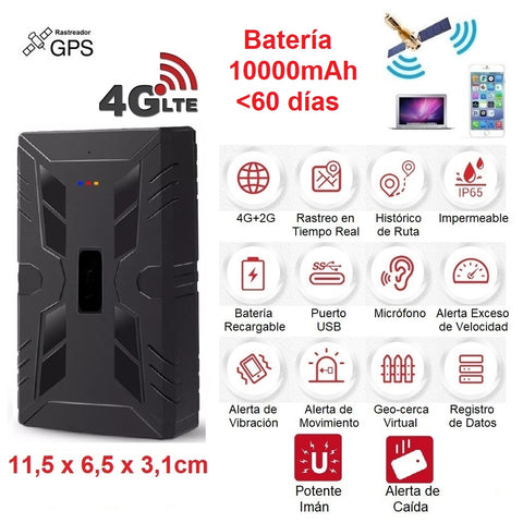 Rastreador GPS/LBS y Micrófono 4G LTE/CAT1 + 2G GSM/GPRS/EDGE IP65 c/Imán y Batería 10000mAh